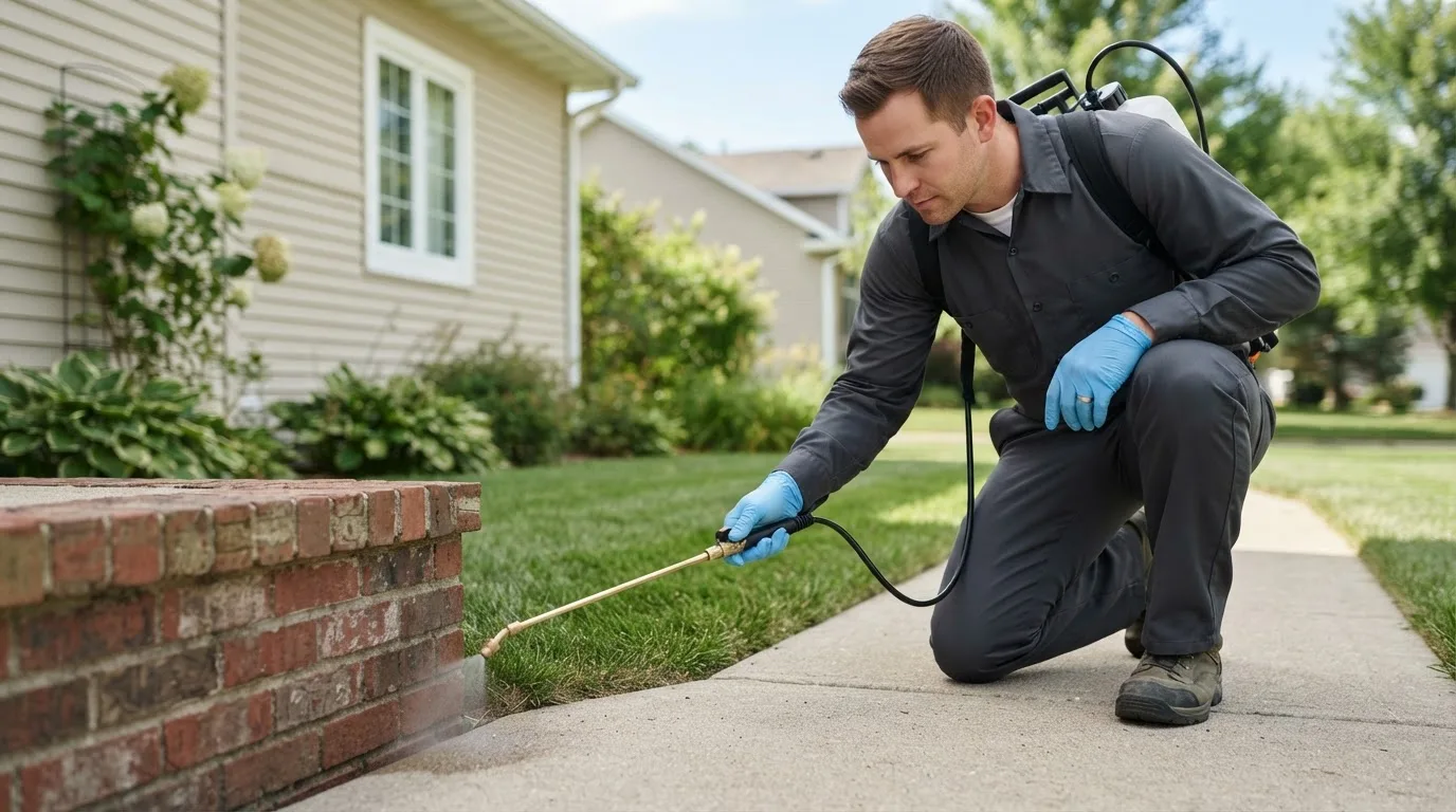 Pest control technician treating a home near Livermore, ME