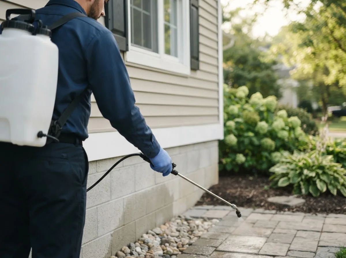 Pest control technician inspecting a home in Livermore, ME
